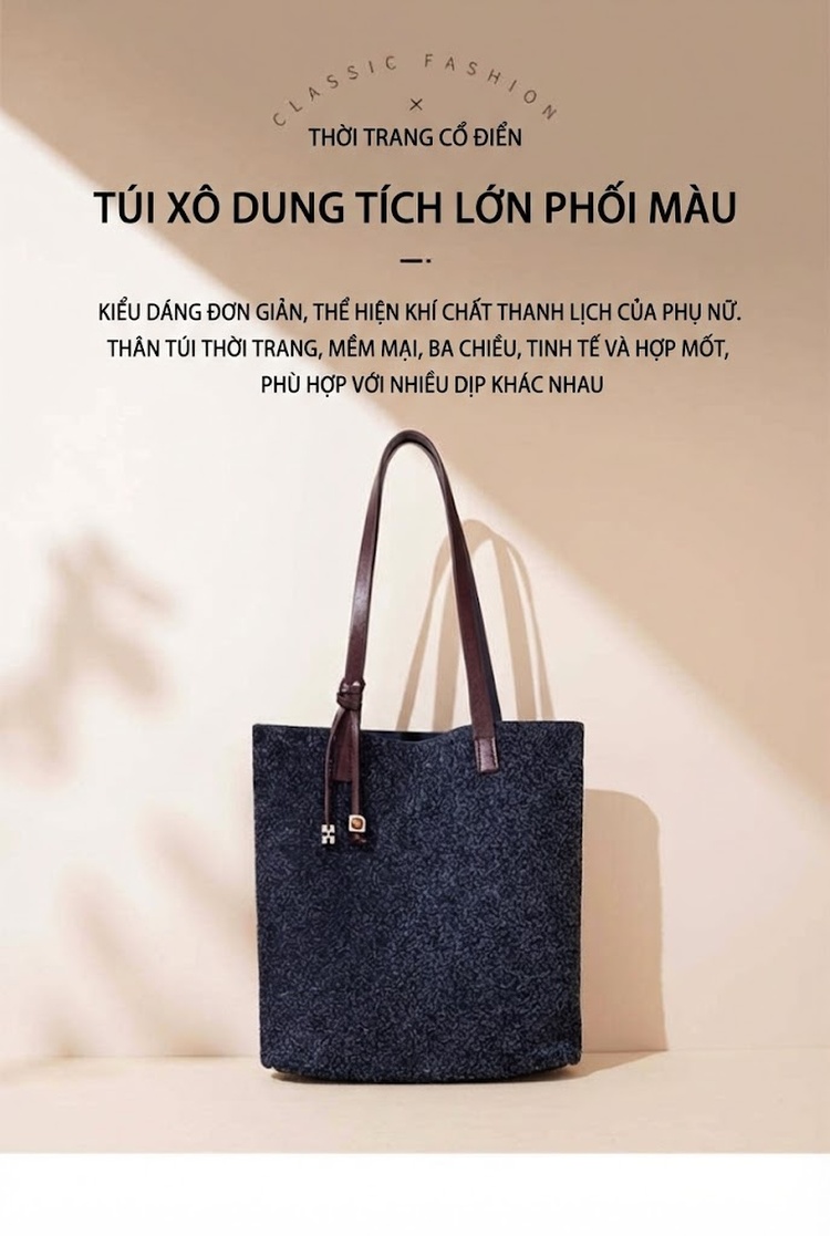 Túi Tote Nữ Da Bò Mờ Đeo Vai Đựng Vừa A4 Công Sở Màu Xanh Navy, Nâu, Xanh Rêu chi tiết 3