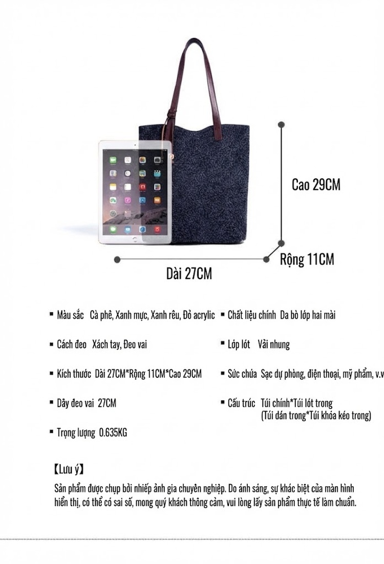 Túi Tote Nữ Da Bò Mờ Đeo Vai Đựng Vừa A4 Công Sở Màu Xanh Navy, Nâu, Xanh Rêu chi tiết 9