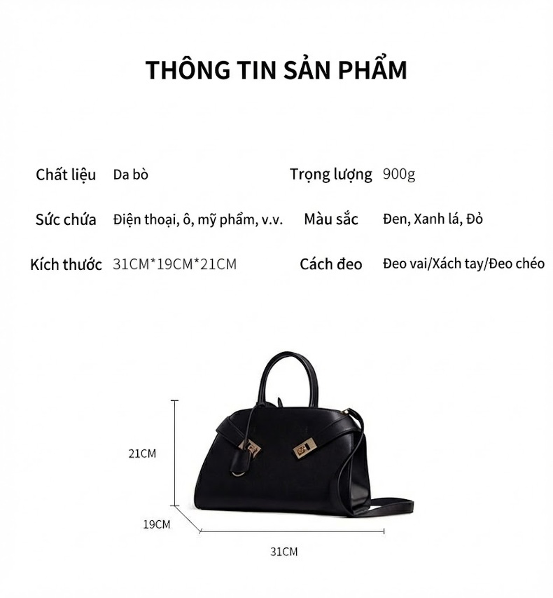 Túi Tote Nữ Da Bò Sức Chứa Lớn Cao Cấp, Túi Xách Tay Công Sở Đeo Vai Màu Đỏ, Đen chi tiết 6