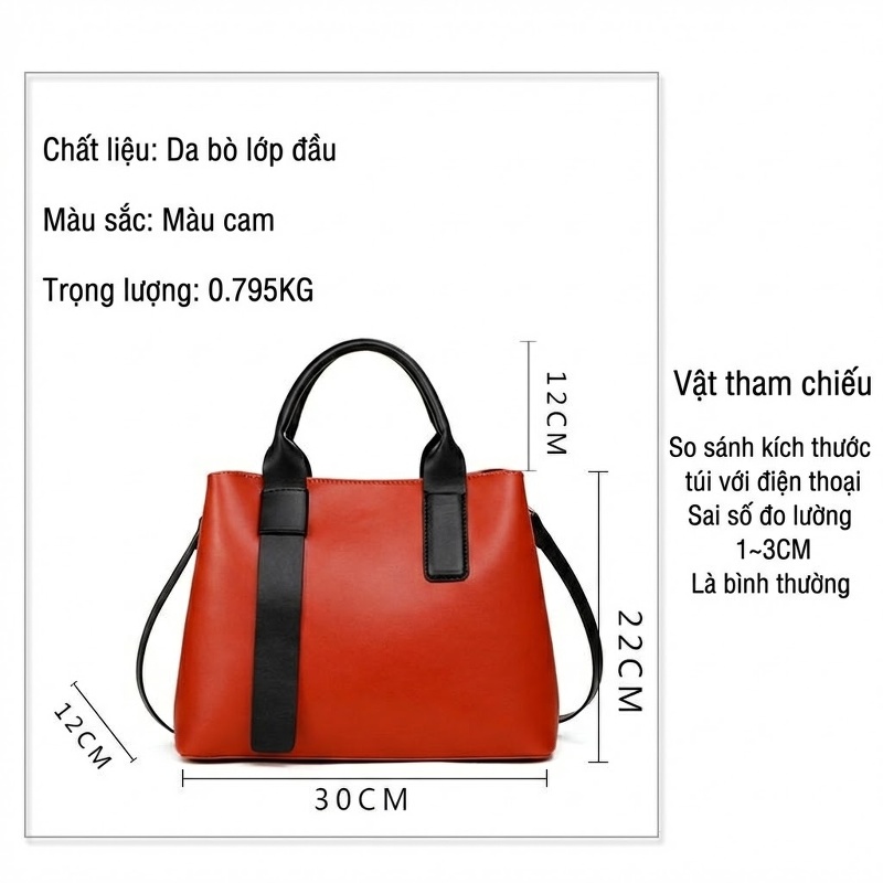 Túi Tote Nữ Da Bò Sức Chứa Lớn Đeo Vai Đeo Chéo Thời Trang Màu Cam, Đen