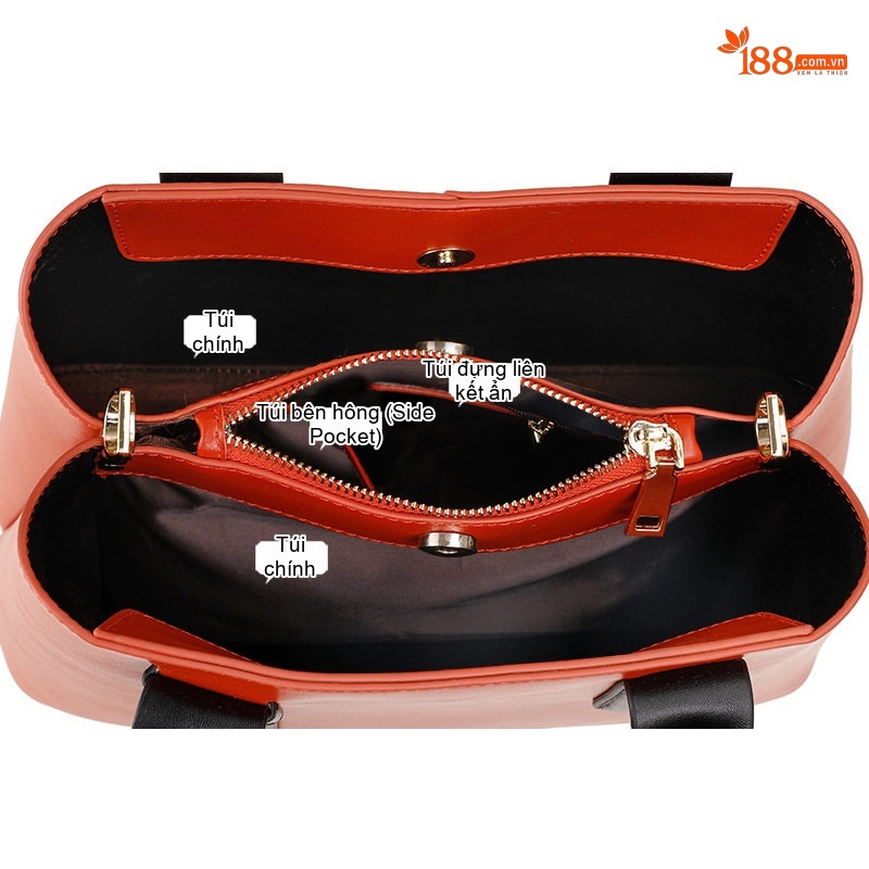 Túi Tote Nữ Da Bò Sức Chứa Lớn Đeo Vai Đeo Chéo Thời Trang Màu Cam, Đen