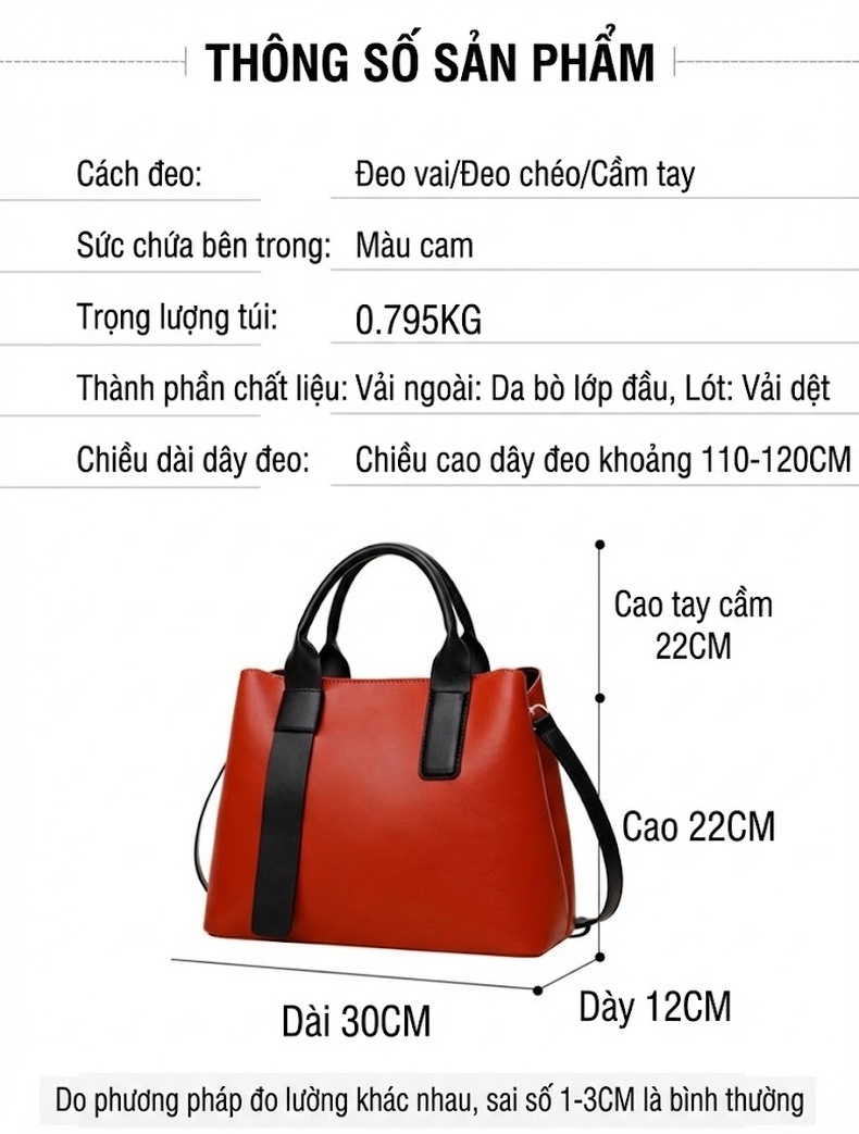 Túi Tote Nữ Da Bò Sức Chứa Lớn Đeo Vai Đeo Chéo Thời Trang Màu Cam, Đen chi tiết 3