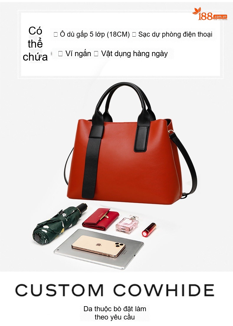 Túi Tote Nữ Da Bò Sức Chứa Lớn Đeo Vai Đeo Chéo Thời Trang Màu Cam, Đen chi tiết 7