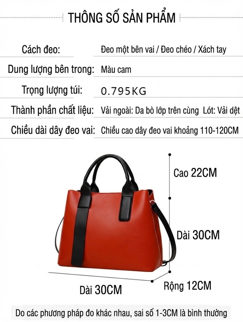 Túi Tote Nữ Da Bò Sức Chứa Lớn Đeo Vai Đeo Chéo Thời Trang Màu Cam, Đen chi tiết 18