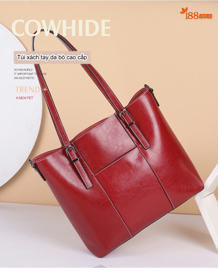 Túi Tote Nữ Da Bò Sức Chứa Lớn Đeo Vai, Đeo Chéo Thời Trang Màu Nâu, Đỏ chi tiết 1