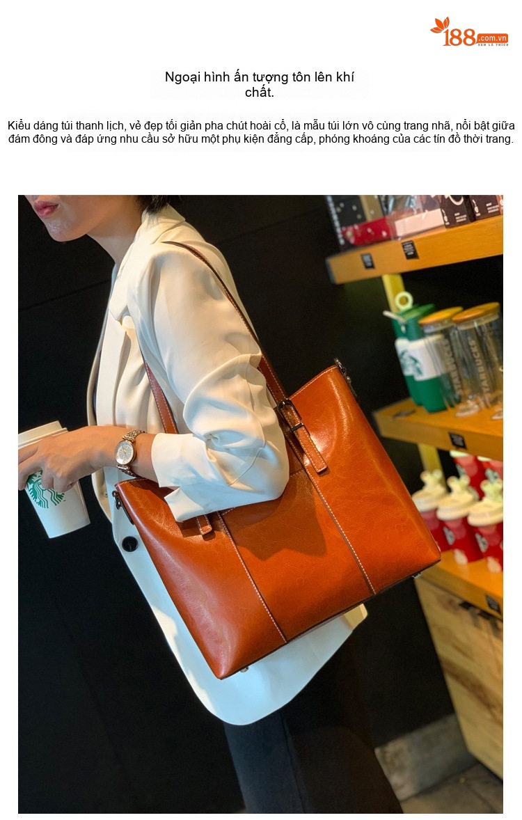 Túi Tote Nữ Da Bò Sức Chứa Lớn Đeo Vai, Đeo Chéo Thời Trang Màu Nâu, Đỏ chi tiết 2