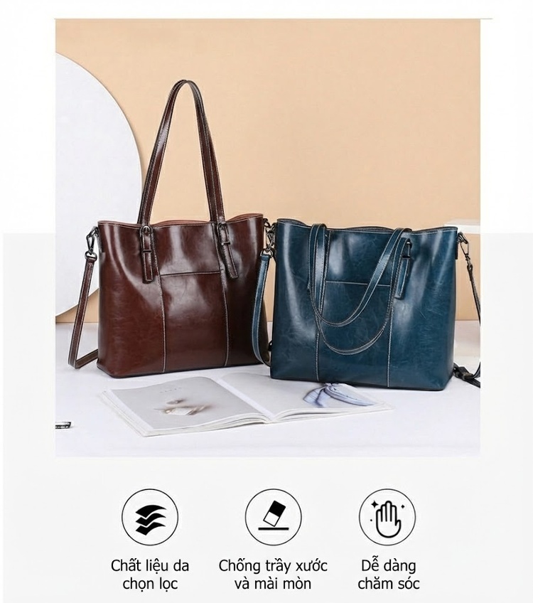 Túi Tote Nữ Da Bò Sức Chứa Lớn Đeo Vai, Đeo Chéo Thời Trang Màu Nâu, Đỏ chi tiết 4