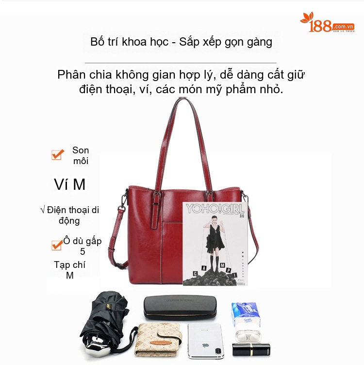 Túi Tote Nữ Da Bò Sức Chứa Lớn Đeo Vai, Đeo Chéo Thời Trang Màu Nâu, Đỏ chi tiết 5