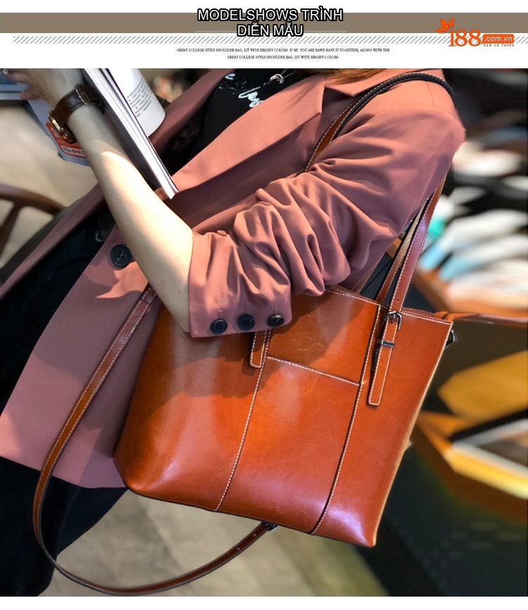 Túi Tote Nữ Da Bò Sức Chứa Lớn Đeo Vai, Đeo Chéo Thời Trang Màu Nâu, Đỏ chi tiết 10