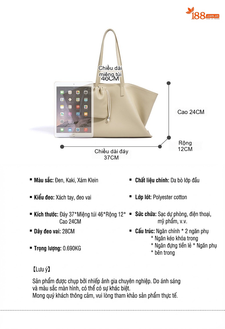 Túi Tote Nữ Da Bò Sức Chứa Lớn Đeo Vai Đeo Nách Đi Làm Công Sở Màu Be, Xám chi tiết 13