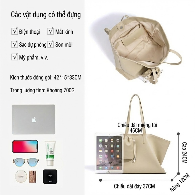 Túi Tote Nữ Da Bò Sức Chứa Lớn Đeo Vai Đeo Nách Đi Làm Công Sở Màu Be, Xám