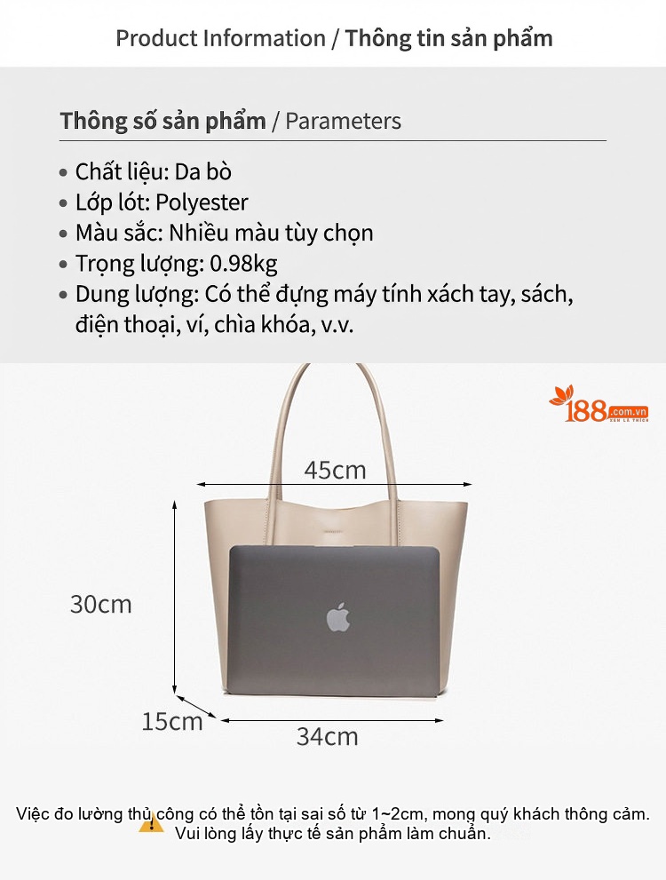 Túi Tote Nữ Da Bò Sức Chứa Lớn Đeo Vai Đi Làm Màu Đen, Nâu Kem chi tiết 3