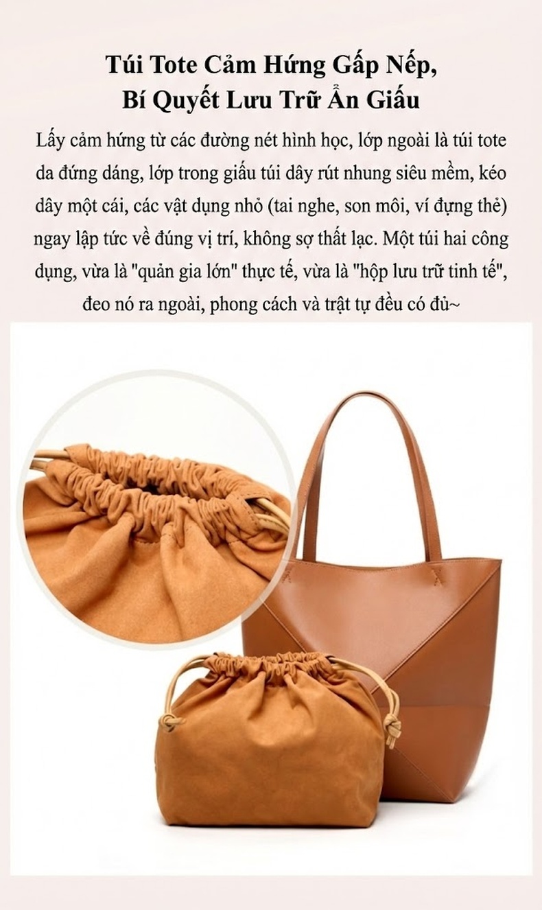 Túi Tote Nữ Da Bò Sức Chứa Lớn Đeo Vai Thiết Kế Hình Học Màu Nâu, Đen chi tiết 10