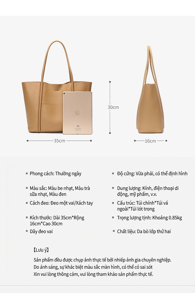 Túi Tote Nữ Da Bò Sức Chứa Lớn Đựng Laptop Đi Làm Công Sở Màu Be chi tiết 6