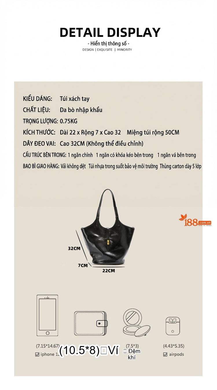 Túi Tote Nữ Da Bò Sức Chứa Lớn Kiểu Bucket Đeo Vai Phong Cách Công Sở Màu Đen chi tiết 7
