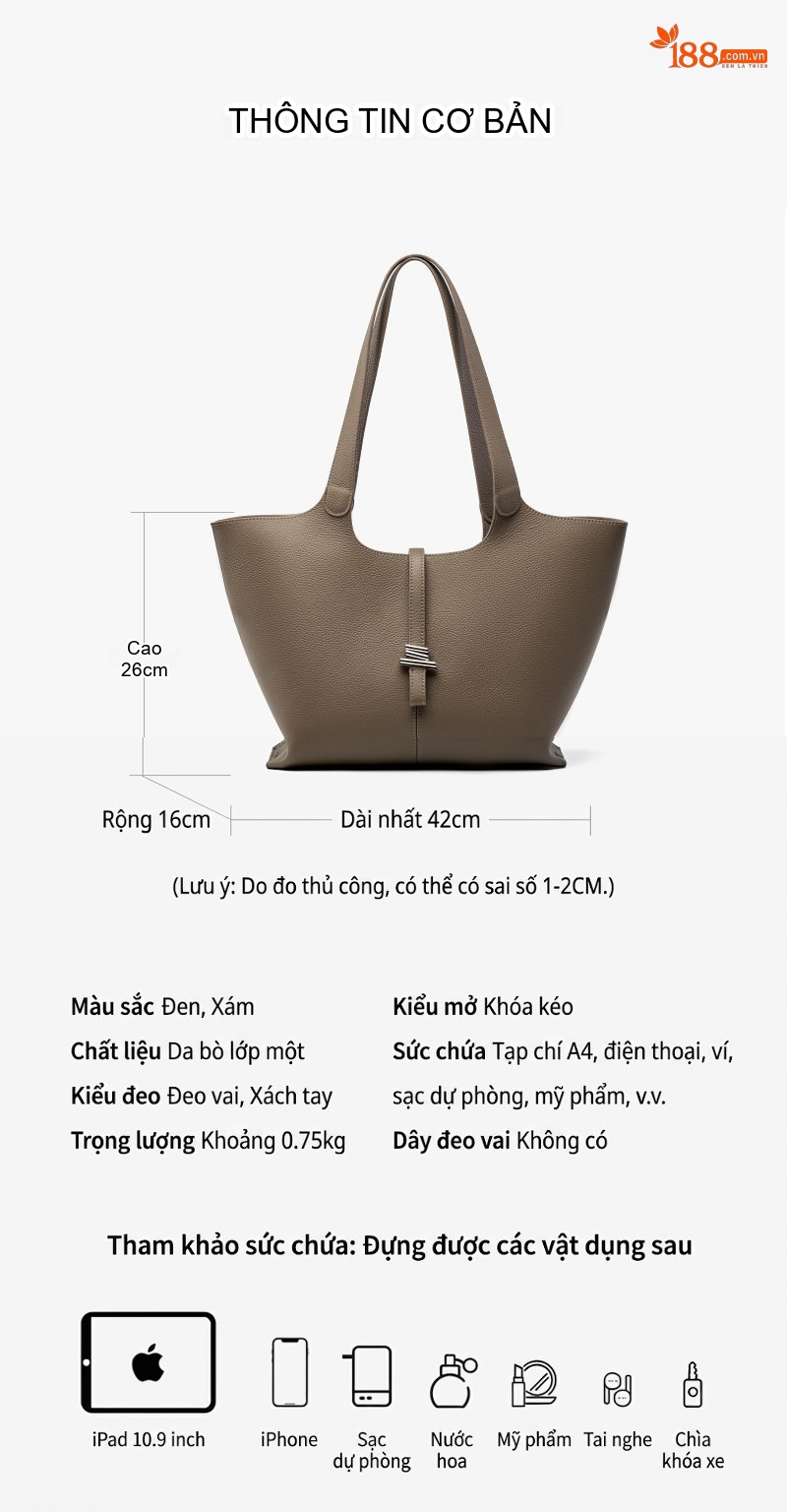 Túi Tote Nữ Da Bò Sức Chứa Lớn Phong Cách Công Sở Màu Nâu, Đen chi tiết 4