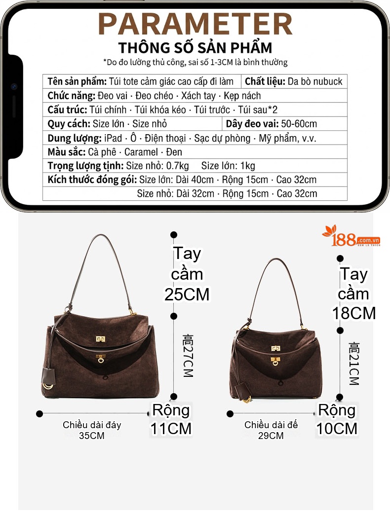 Túi Tote Nữ Da Bò Suede Mờ Rodeo Cứng Cáp Đứng Form Công Sở Dung Tích Lớn Màu Nâu chi tiết 5