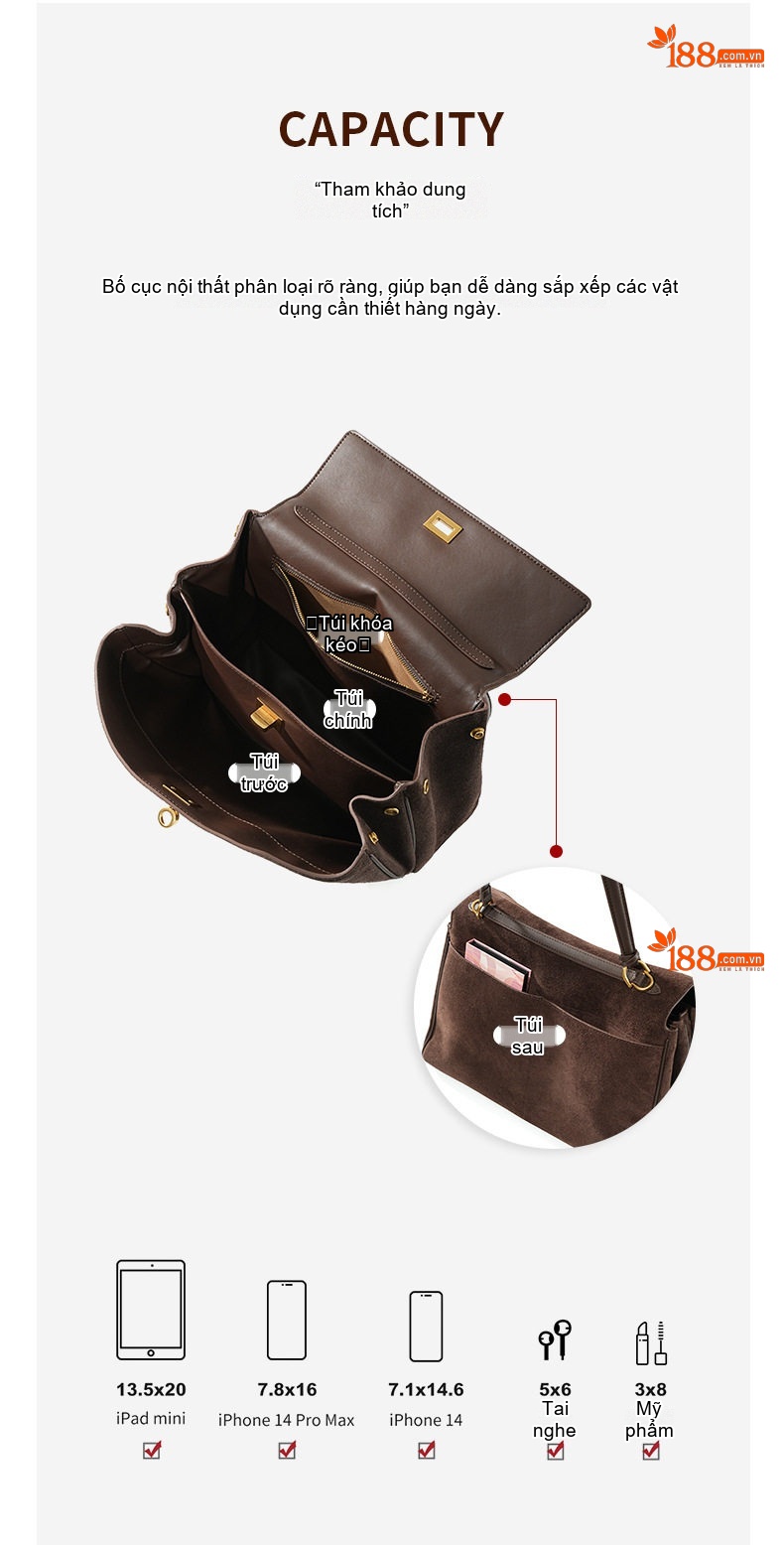 Túi Tote Nữ Da Bò Suede Mờ Rodeo Cứng Cáp Đứng Form Công Sở Dung Tích Lớn Màu Nâu chi tiết 6