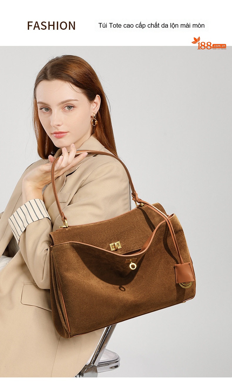Túi Tote Nữ Da Bò Suede Mờ Rodeo Cứng Cáp Đứng Form Công Sở Dung Tích Lớn Màu Nâu chi tiết 1