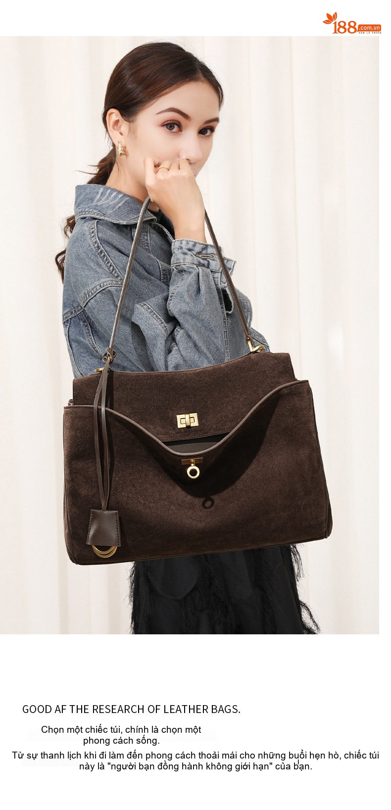 Túi Tote Nữ Da Bò Suede Mờ Rodeo Cứng Cáp Đứng Form Công Sở Dung Tích Lớn Màu Nâu chi tiết 12