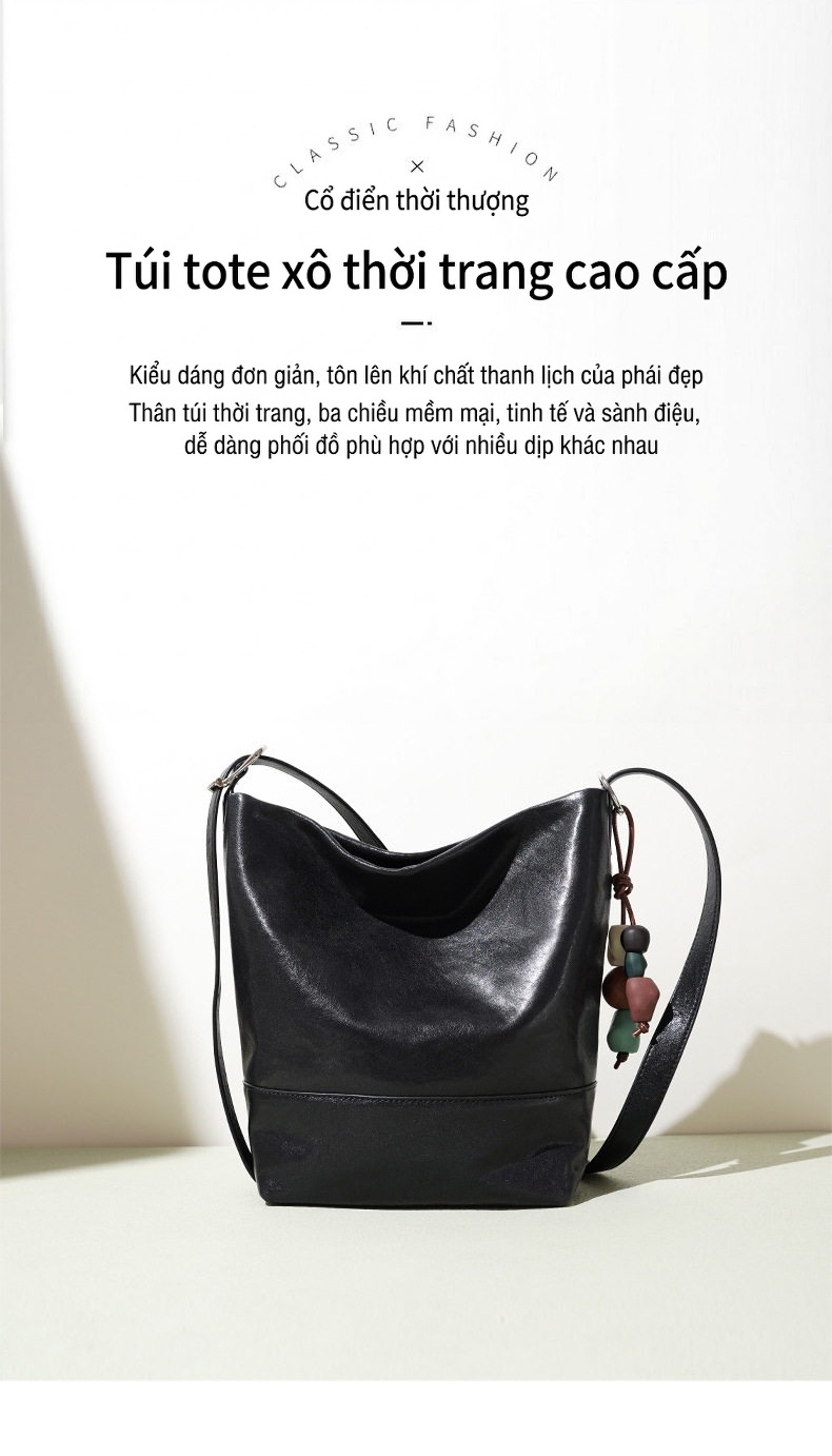 Túi Tote Nữ Da Bò Thật Đeo Vai Đeo Chéo Cao Cấp Màu Đen chi tiết 1