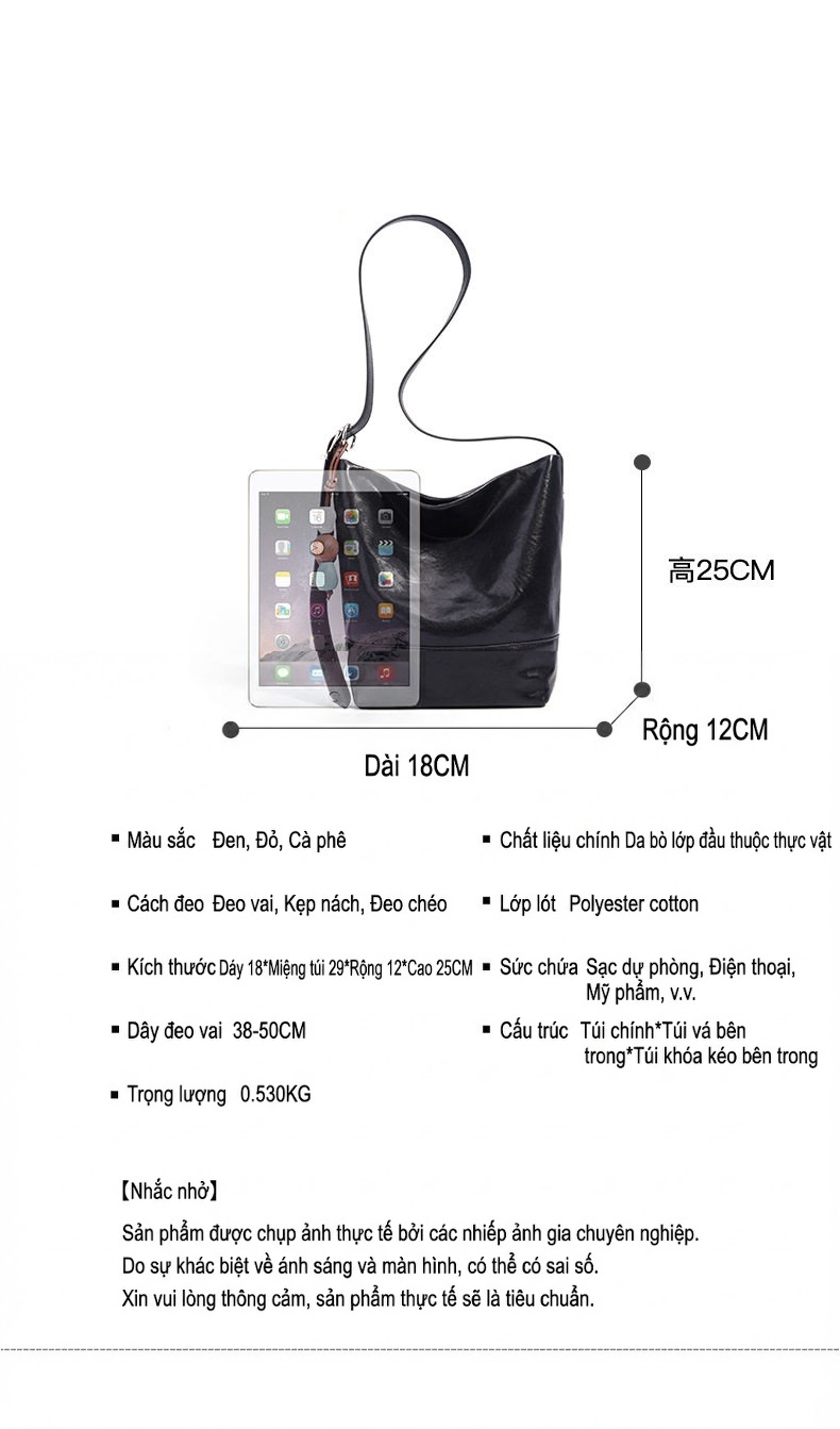 Túi Tote Nữ Da Bò Thật Đeo Vai Đeo Chéo Cao Cấp Màu Đen chi tiết 7