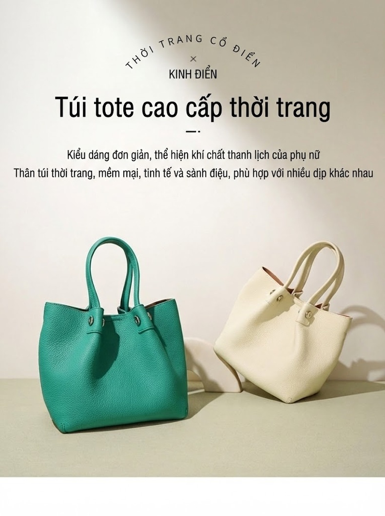 Túi Tote Nữ Da Bò Thiết Kế Dáng Xô, Quai Xách Tay, Đeo Vai Màu Hồng, Trắng Kem, Xanh chi tiết 1