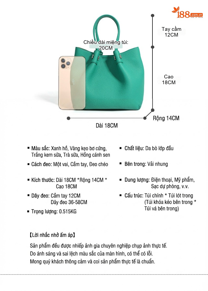Túi Tote Nữ Da Bò Thiết Kế Dáng Xô, Quai Xách Tay, Đeo Vai Màu Hồng, Trắng Kem, Xanh chi tiết 7