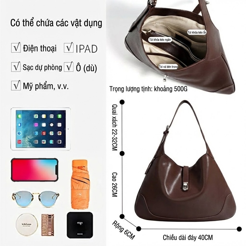 Túi Tote Nữ Da Bò Thiết Kế Độc Đáo Đeo Vai, Đeo Chéo, Kẹp Nách Cao Cấp Màu Nâu, Kem