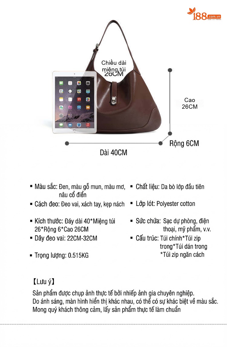 Túi Tote Nữ Da Bò Thiết Kế Độc Đáo Đeo Vai, Đeo Chéo, Kẹp Nách Cao Cấp Màu Nâu, Kem chi tiết 7