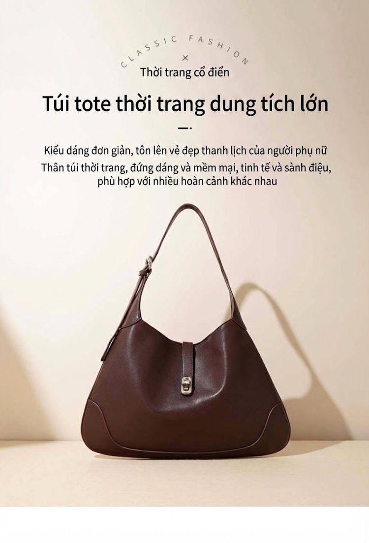 Túi Tote Nữ Da Bò Thiết Kế Độc Đáo Đeo Vai, Đeo Chéo, Kẹp Nách Cao Cấp Màu Nâu, Kem chi tiết 1