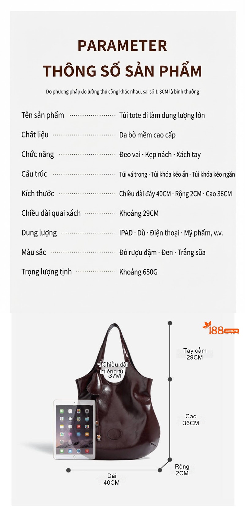 Túi Tote Nữ Da Bò Thiết Kế Độc Đáo Sức Chứa Lớn Đeo Vai, Đeo Nách Màu Nâu, Đen chi tiết 2