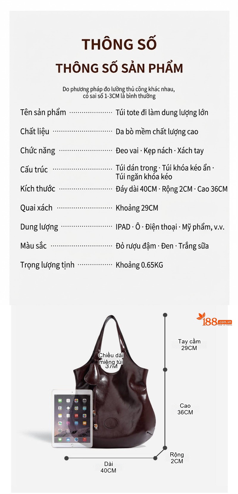 Túi Tote Nữ Da Bò Thiết Kế Độc Đáo Sức Chứa Lớn Đeo Vai, Đeo Nách Màu Nâu, Đen chi tiết 24