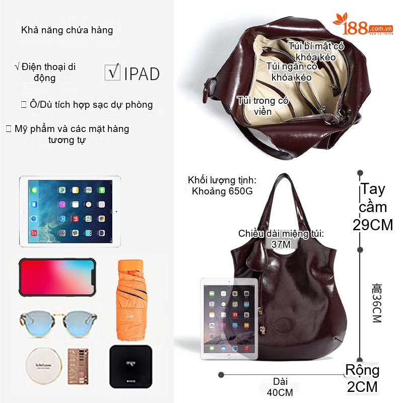Túi Tote Nữ Da Bò Thiết Kế Độc Đáo Sức Chứa Lớn Đeo Vai, Đeo Nách Màu Nâu, Đen
