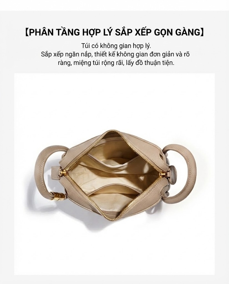 Túi Tote Nữ Da Bò Thiết Kế Tối Giản, Đeo Vai, Xách Tay Màu Be chi tiết 4