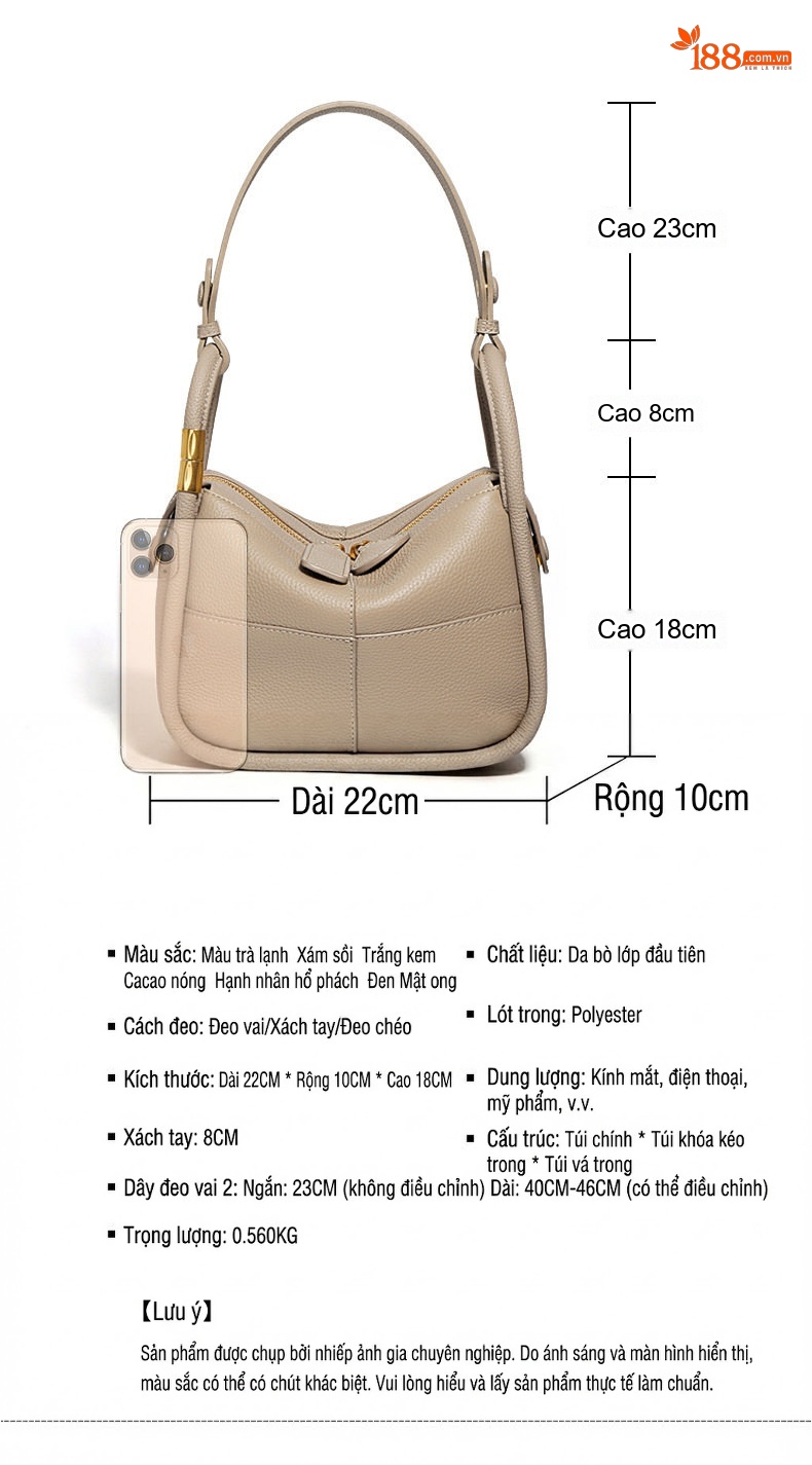 Túi Tote Nữ Da Bò Thiết Kế Tối Giản, Đeo Vai, Xách Tay Màu Be chi tiết 3