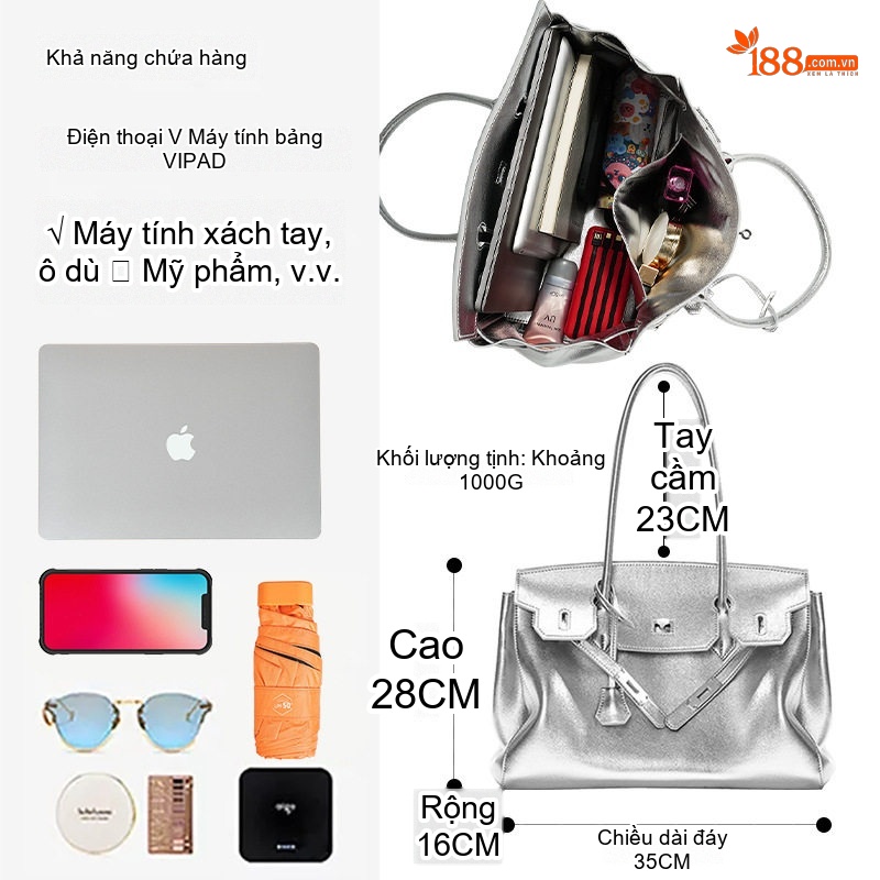 Túi Tote Nữ Da Bò Thiết Kế Tối Giản, Túi Đeo Vai Nữ Da Bò Sức Chứa Lớn Màu Bạc