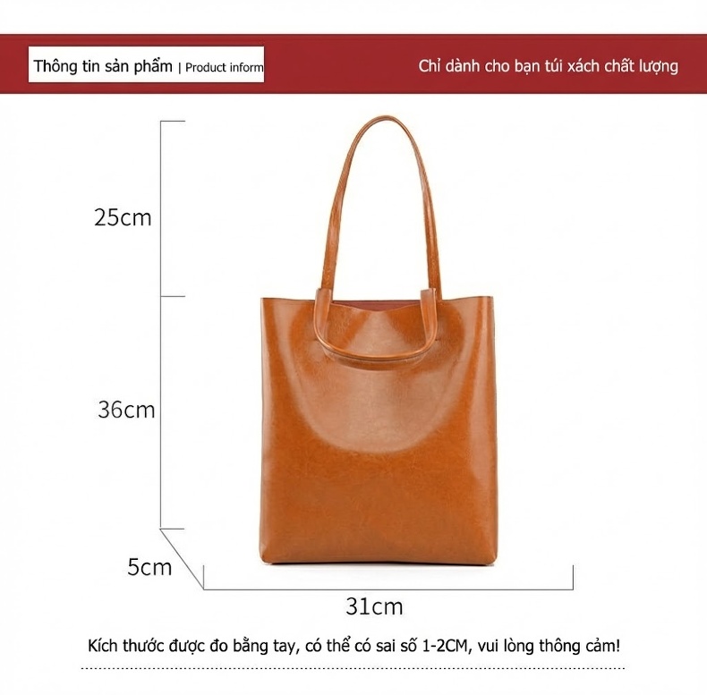 Túi Tote Nữ Da Bò Thời Trang, Túi Xách Tay Nữ Da Thật Sức Chứa Lớn Màu Nâu, Đen chi tiết 4