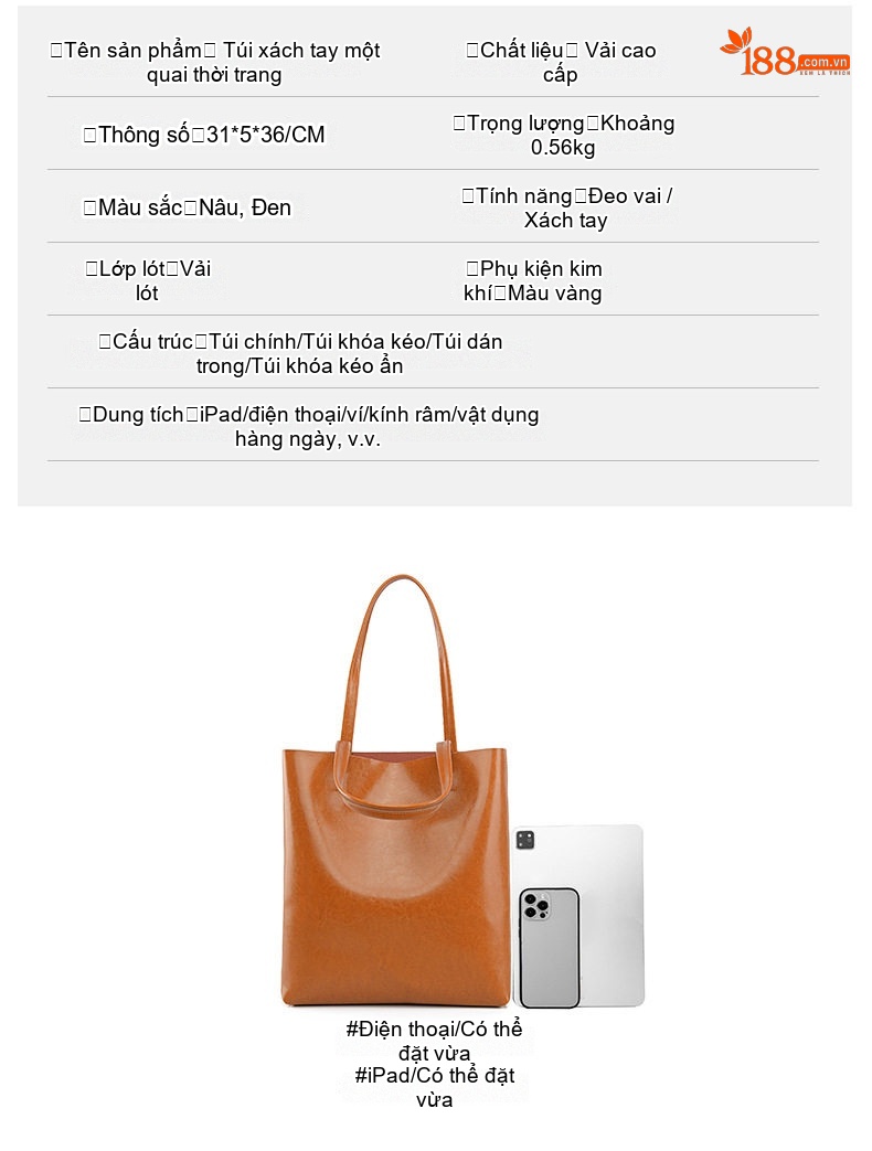 Túi Tote Nữ Da Bò Thời Trang, Túi Xách Tay Nữ Da Thật Sức Chứa Lớn Màu Nâu, Đen chi tiết 5