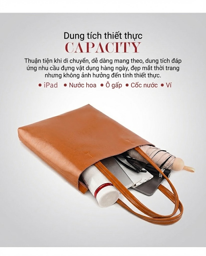 Túi Tote Nữ Da Bò Thời Trang, Túi Xách Tay Nữ Da Thật Sức Chứa Lớn Màu Nâu, Đen chi tiết 11