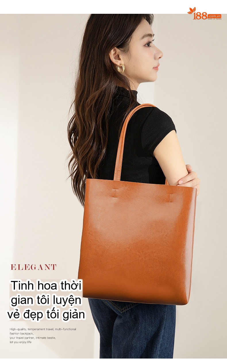 Túi Tote Nữ Da Bò Thời Trang, Túi Xách Tay Nữ Da Thật Sức Chứa Lớn Màu Nâu, Đen chi tiết 3