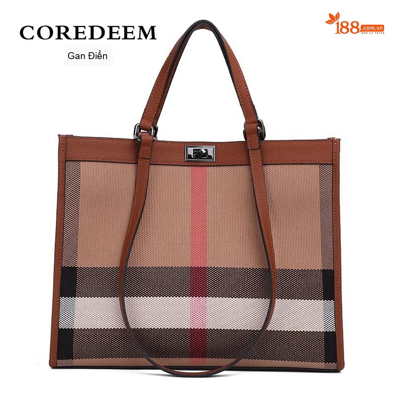 Túi Tote Nữ Da Bò Vải Canvas Kẻ Ô Thời Trang Cao Cấp Màu Nâu