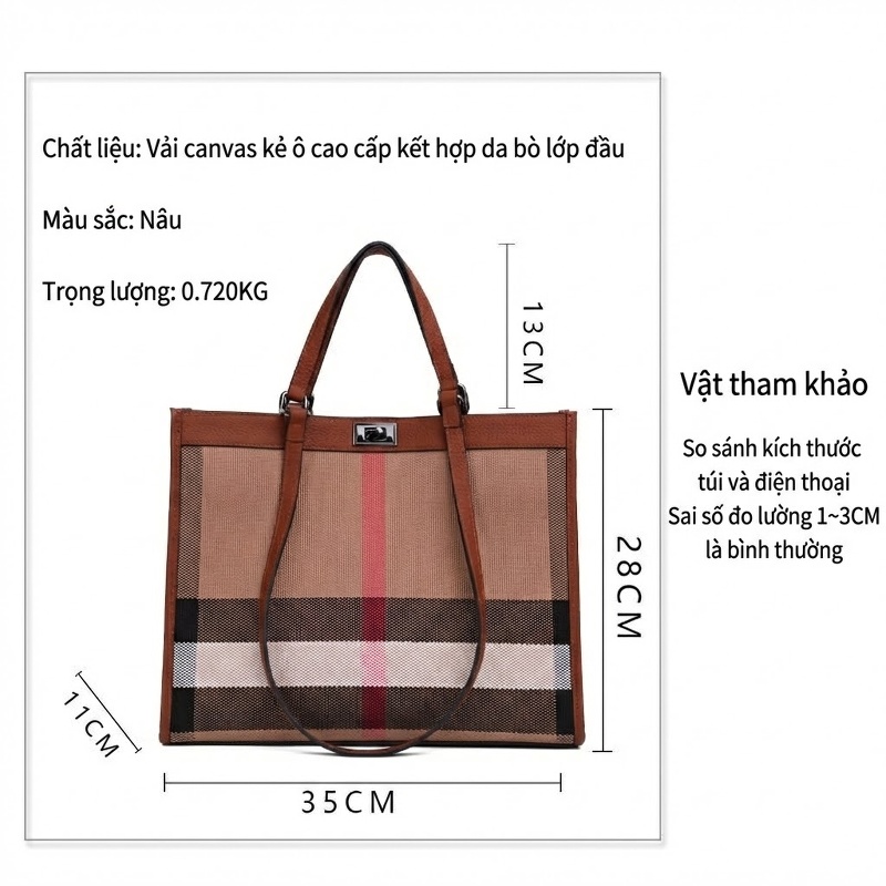 Túi Tote Nữ Da Bò Vải Canvas Kẻ Ô Thời Trang Cao Cấp Màu Nâu