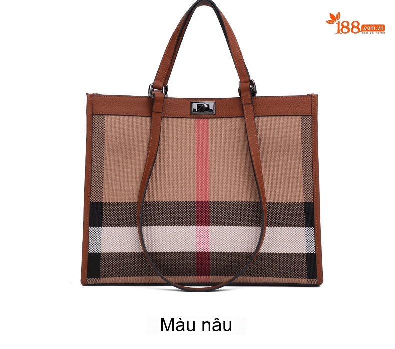 Túi Tote Nữ Da Bò Vải Canvas Kẻ Ô Thời Trang Cao Cấp Màu Nâu chi tiết 4