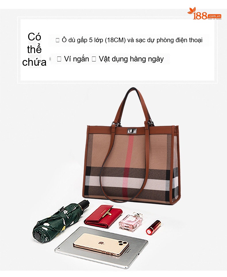 Túi Tote Nữ Da Bò Vải Canvas Kẻ Ô Thời Trang Cao Cấp Màu Nâu chi tiết 8