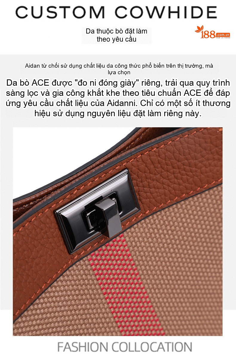 Túi Tote Nữ Da Bò Vải Canvas Kẻ Ô Thời Trang Cao Cấp Màu Nâu chi tiết 9