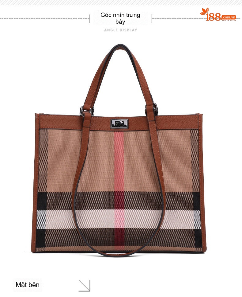 Túi Tote Nữ Da Bò Vải Canvas Kẻ Ô Thời Trang Cao Cấp Màu Nâu chi tiết 11