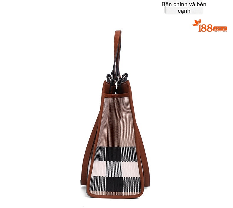 Túi Tote Nữ Da Bò Vải Canvas Kẻ Ô Thời Trang Cao Cấp Màu Nâu chi tiết 13