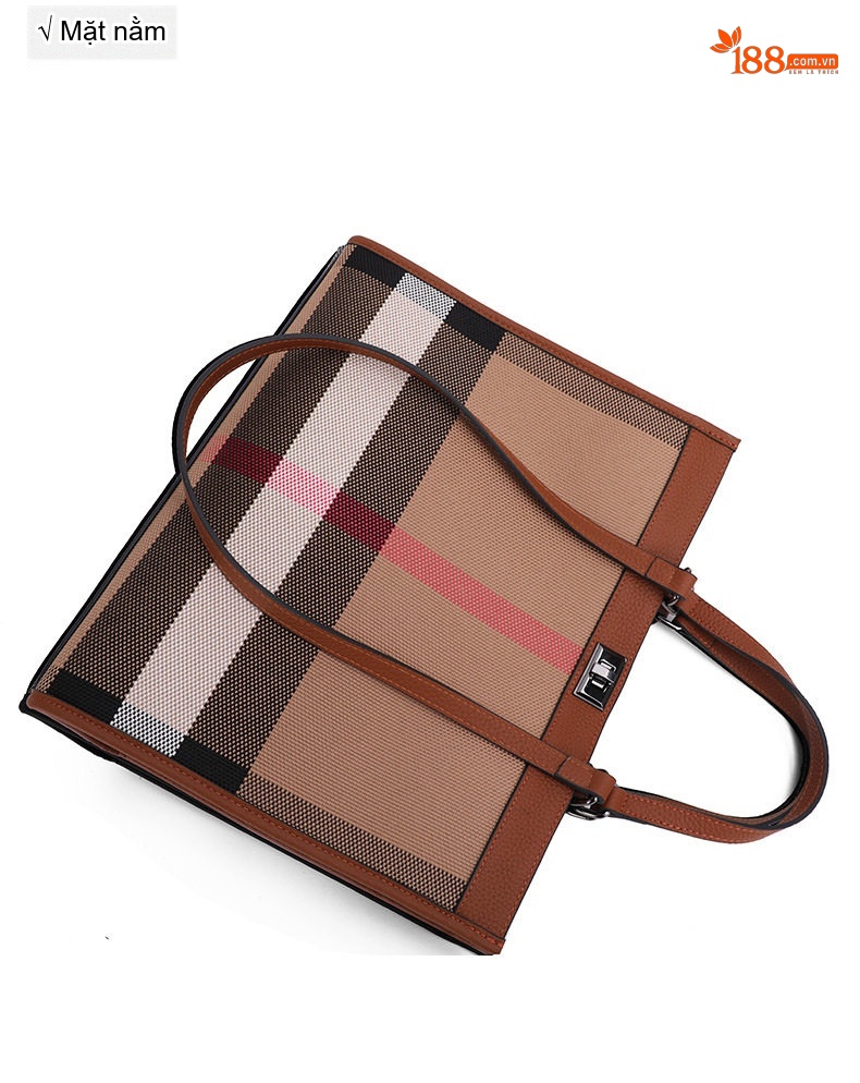 Túi Tote Nữ Da Bò Vải Canvas Kẻ Ô Thời Trang Cao Cấp Màu Nâu chi tiết 14
