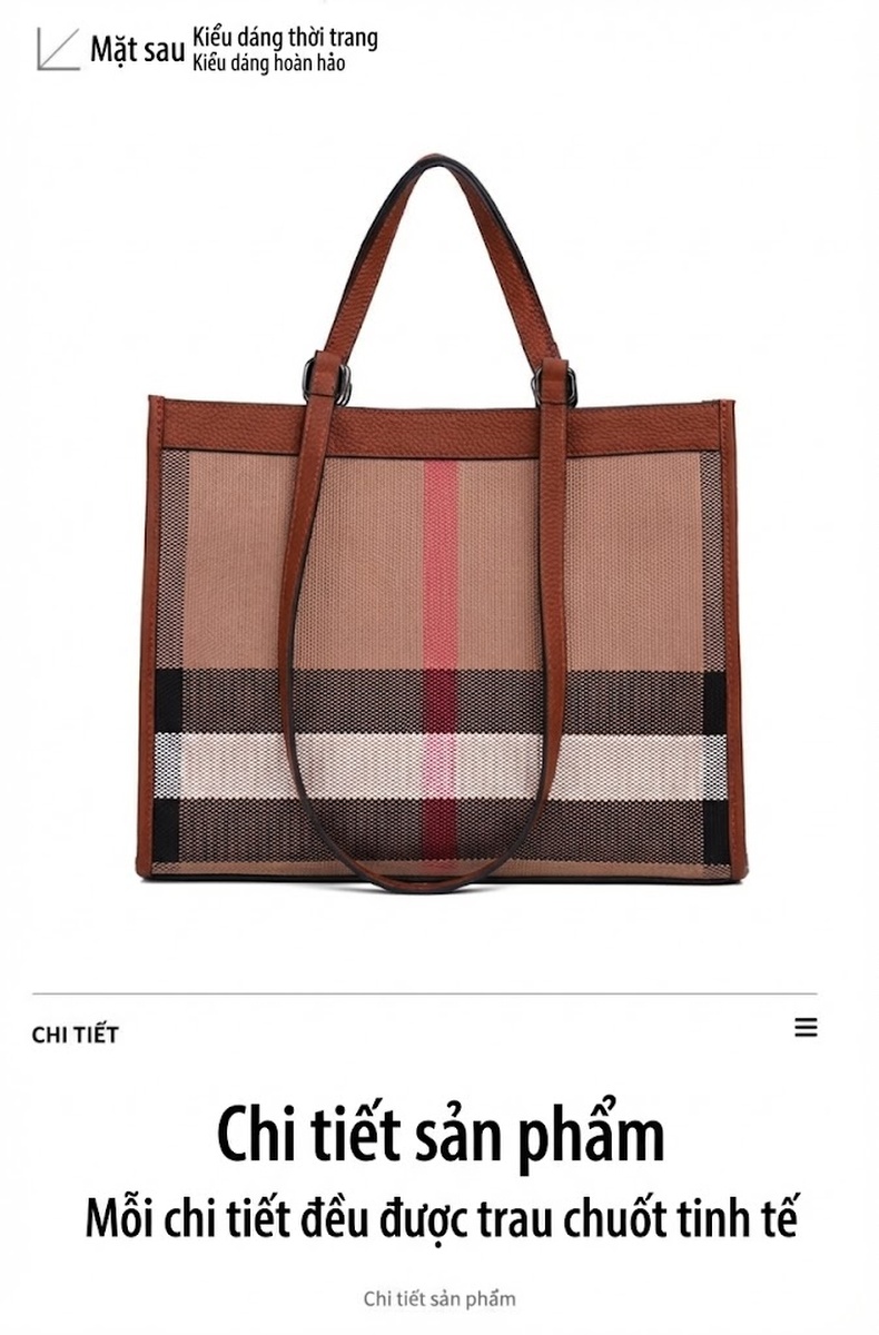 Túi Tote Nữ Da Bò Vải Canvas Kẻ Ô Thời Trang Cao Cấp Màu Nâu chi tiết 16